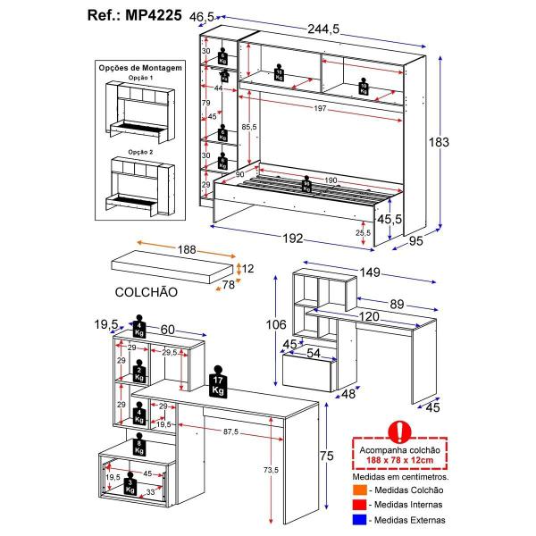 Imagem de Conjunto Quarto Cama Solteiro com Colchão/Guarda-Roupas/Escrivaninha Multimóveis MP4225