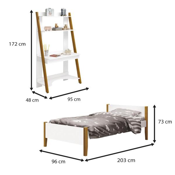 Imagem de Conjunto Quarto Cama Solteiro e Escrivaninha/ Estante Simba com Pés em Madeira Branco Fosco - Reller