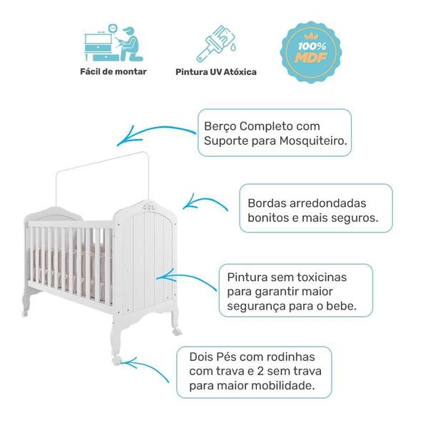 Imagem de Conjunto Quarto de Bebe com Berço e Comoda com Sapateira 100% MDF Harmonia Encanto Permóbili Baby Branco