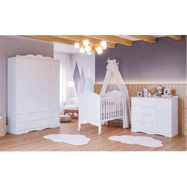 Imagem de Conjunto Quarto de Bebe Comoda 1 Porta e Guarda Roupa 4 Portas Encanto Branco Permóbili Baby