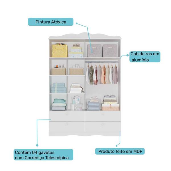 Imagem de Conjunto Quarto de Bebe Comoda 1 Porta e Guarda Roupa 4 Portas Encanto Branco Permóbili Baby