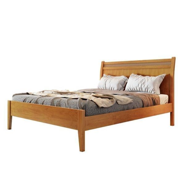 Imagem de Conjunto Quarto de Casal Cama Madeira Maciça Detalhe Rattan e Cômoda 5 Gavetas com Sapateira Unique