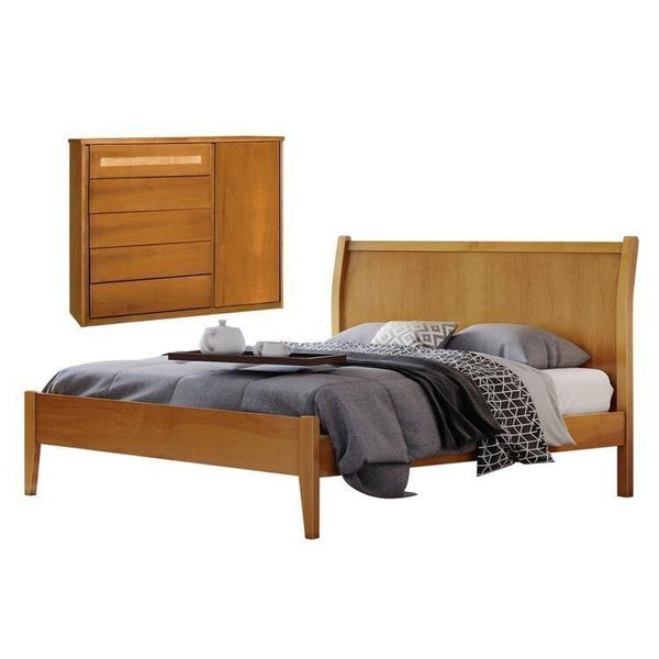 Imagem de Conjunto Quarto de Casal Cama Queen 160cm e Cômoda Rattan 5 Gavetas com Sapateira Amêndoa Mel