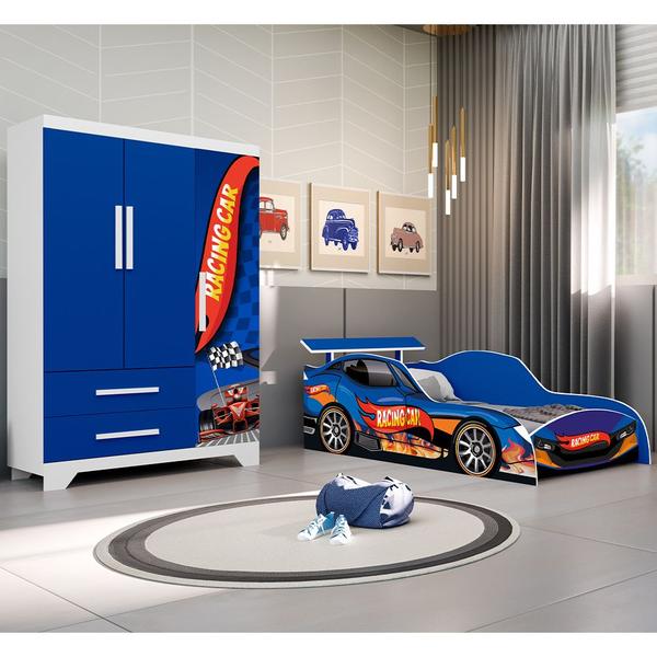 Imagem de Conjunto Quarto Infantil Carros - Cama Solteiro com Colchão e Roupeiro Mdf - Azul