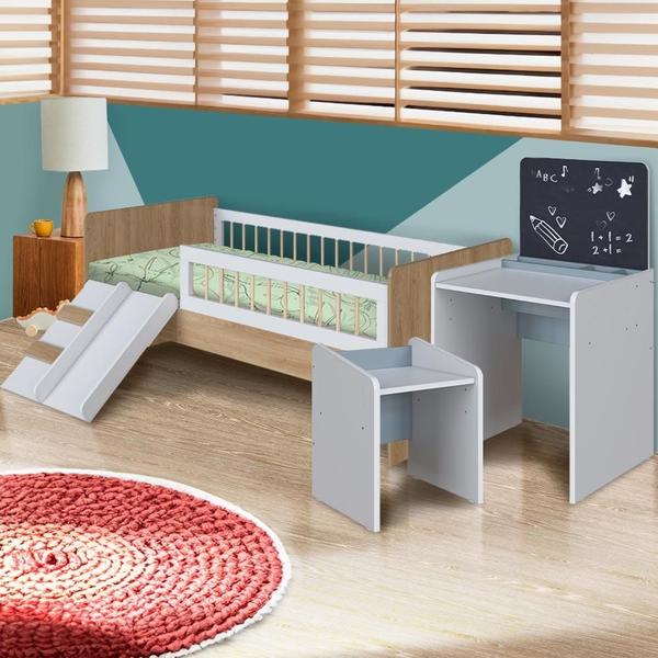 Imagem de Conjunto Quarto Infantil Melvin Com Cama Montessoriana Aveiro Oak Branco Azul Shop JM