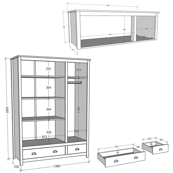 Imagem de Conjunto Quarto Topázio Branco/Freijó: Guarda-Roupa 6 Portas com Maleiro, Escrivaninha 2 Gavetas Madeira Pinus - Finestra