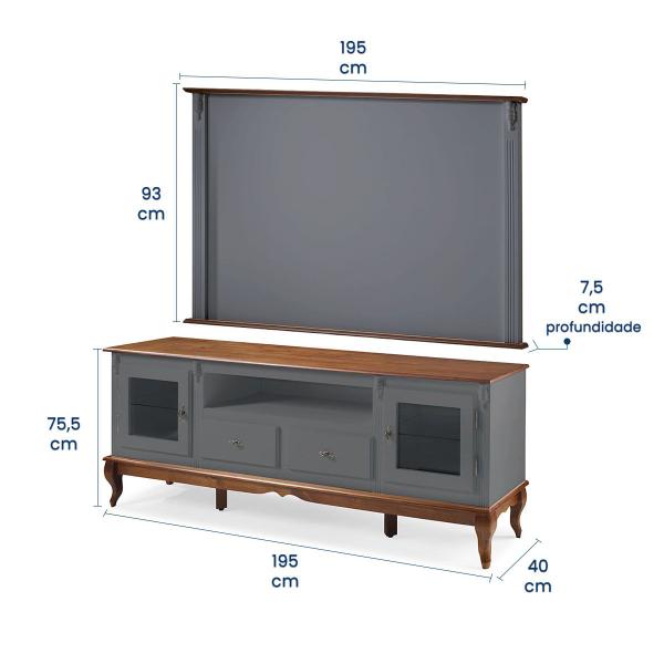 Imagem de Conjunto Rack 60503 + Painel 50513 para Sala Pés Luiz XV 2 Gavetas 2 Portas e Nicho Linz Móveis