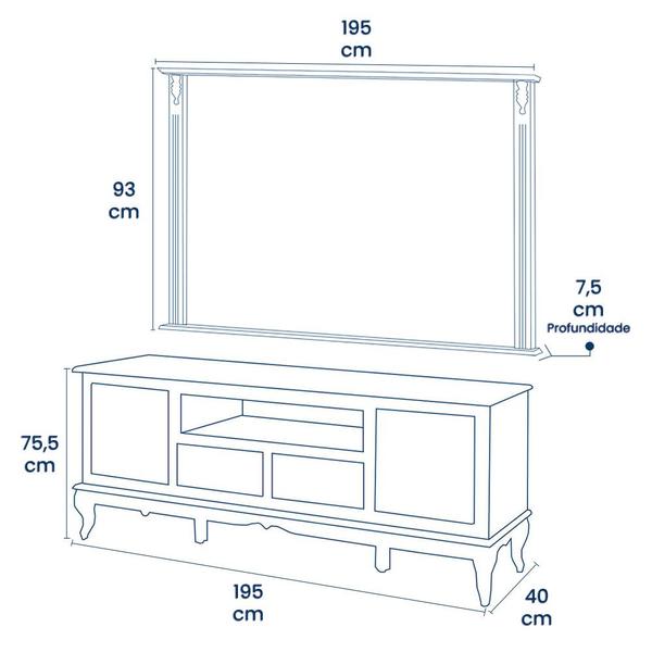 Imagem de Conjunto Rack 60812 + Painel 50513 para Sala Pés Luiz XV 2 Gavetas 2 Portas e Nicho Linz Móveis