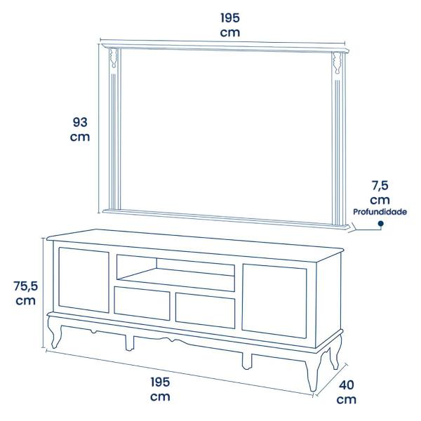 Conjunto Rack 60812M + Painel 50513 para Sala Pés Luiz XV 2 Gavetas 2 Portas e Nicho Linz Móveis Imagem de Conjunto Rack 60812M + Painel 50513 para Sala Pés Luiz XV 2 Gavetas 2 Portas e Nicho Linz Móveis