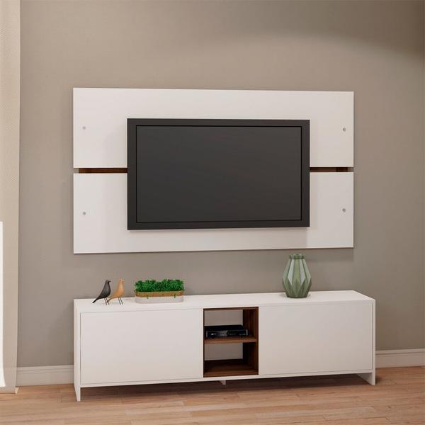 Imagem de Conjunto Rack e Painel de TV 160cm Branco Madeirado Lilies Móveis