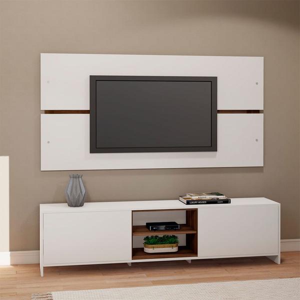 Imagem de Conjunto Rack e Painel de TV 180cm Branco Madeirado Lilies Móveis