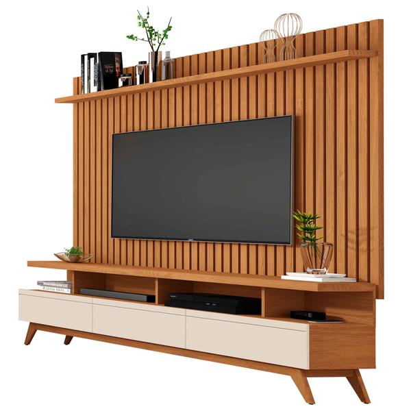 Imagem de Conjunto Rack Vivare 1.8 Com Painel Classic Ripado para Tv até 72 Polegadas Nature com OffWhite - Rede Móveis