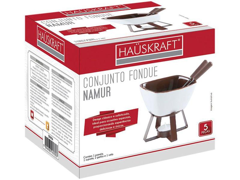 Imagem de Conjunto Raclette e Aparelho de Fondue Cerâmica - Hauskraft Branco e Marrom Namur 5 Peças