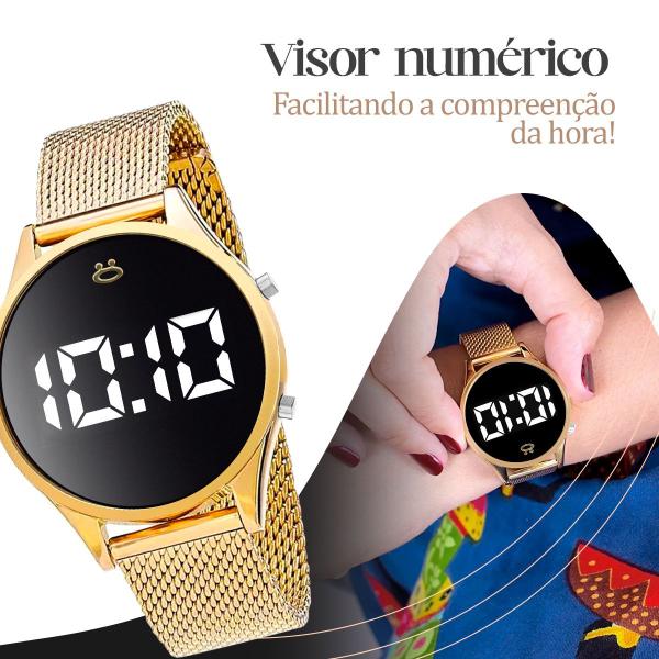 Imagem de Conjunto Relógio Feminino Digital Led Dourado Aço Inox Redondo Pulseira Silicone + Acessórios  Colar Brincos + caixa