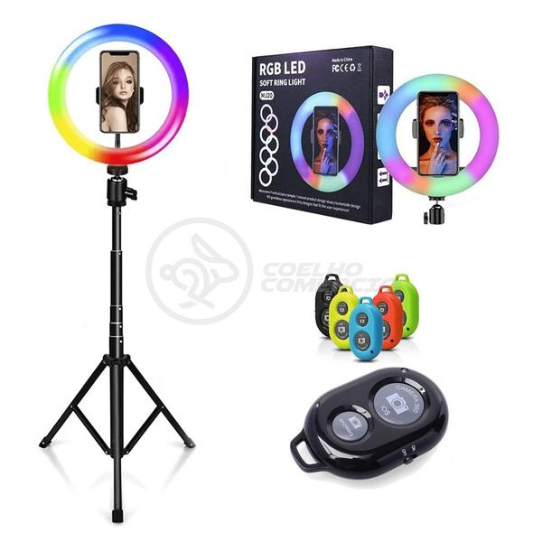 Imagem de Conjunto Ring Light RGB e Tripé de 1,5m com Suporte de Celular Incluso + Disparador Remoto de Fotos