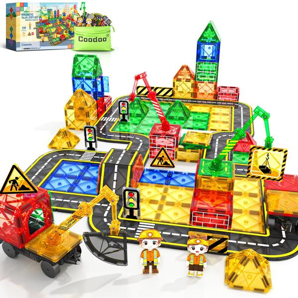 Imagem de Conjunto rodoviário de 100 peças de ladrilhos magnéticos com 3 guindastes e 2 carros  blocos magnéticos Brinquedos de construção urbana para meninos e meninas de 3 anos, brinquedos ideais para aprendizagem pré-escolar ao ar livre Brinquedos criativos para crianças pequenas