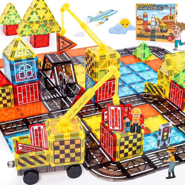 Imagem de Conjunto rodoviário Windidi Magnetic Tiles da Construction Toys com guindaste