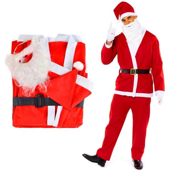 Imagem de Conjunto Roupa Papai Noel Adulto Completa Tipo Feltro Luxo 5 Itens Tamanho Universal Gorro de Natal Fantasia Natalina