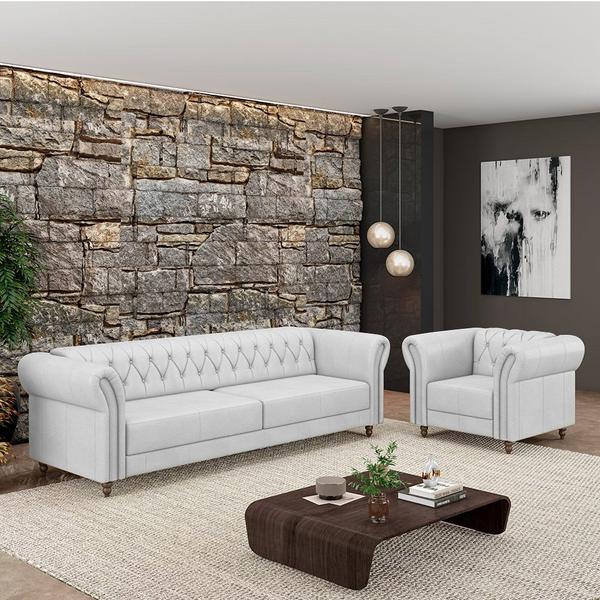 Imagem de Conjunto Sala de Estar 1 Sofá Living 180cm e 1 Poltrona Stanford Chesterfield Pés Madeira Couro Branco G58 - Gran Belo