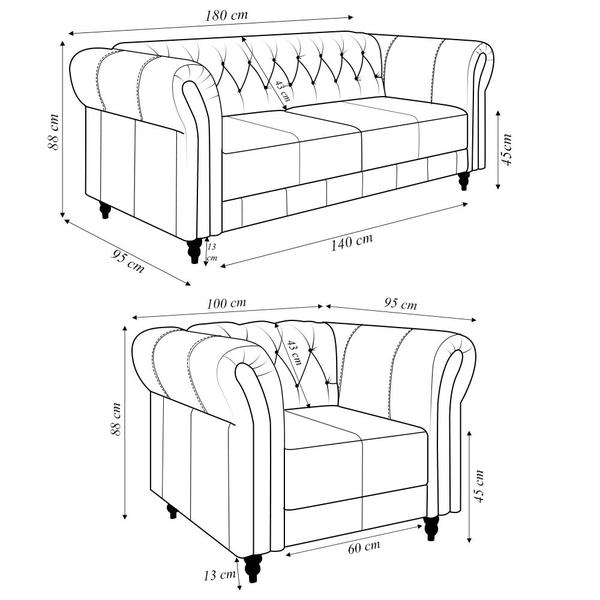 Imagem de Conjunto Sala de Estar 1 Sofá Living 180cm e 1 Poltrona Stanford Chesterfield Pés Madeira Couro Mel Manchado G58 - Gran Belo