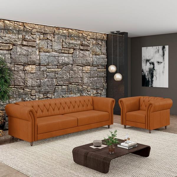 Imagem de Conjunto Sala de Estar 1 Sofá Living 180cm e 1 Poltrona Stanford Chesterfield Pés Madeira Couro Terracota G58 - Gran Belo