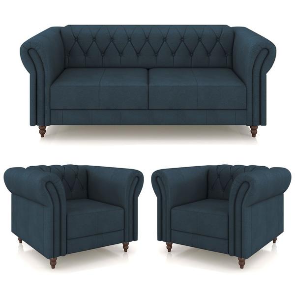 Imagem de Conjunto Sala de Estar 1 Sofá Living 180cm e 2 Poltronas Stanford Chesterfield Pés Madeira Couro Azul Marinho G58 - Gran Belo