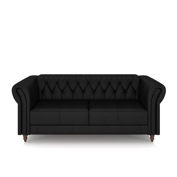 Imagem de Conjunto Sala de Estar 1 Sofá Living 180cm e 2 Poltronas Stanford Chesterfield Pés Madeira Couro Preto Brilho G58 - Gran Belo