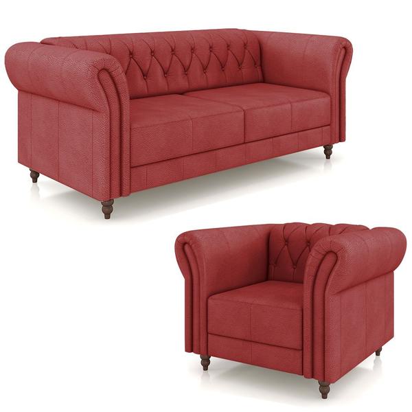 Imagem de Conjunto Sala de Estar 1 Sofá Living 180cm e 2 Poltronas Stanford Chesterfield Pés Madeira Couro Vermelho G58 - Gran Belo