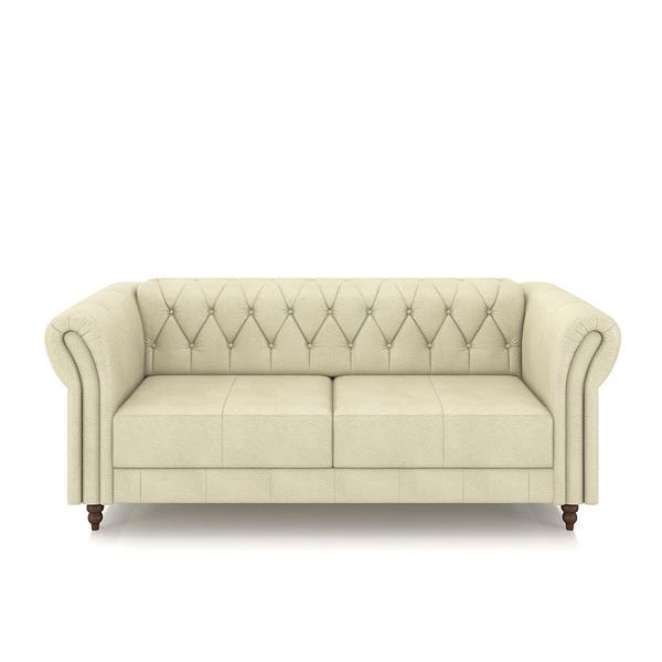 Imagem de Conjunto Sala de Estar 1 Sofá Living 200cm e 1 Poltrona Stanford Chesterfield Pés Madeira Couro Off White G58 - Gran Belo