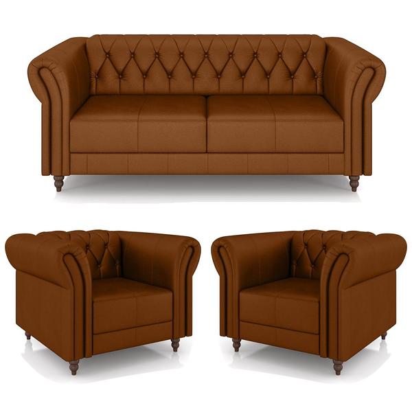 Imagem de Conjunto Sala de Estar 1 Sofá Living 200cm e 2 Poltronas Stanford Chesterfield Pés Madeira Couro Caramelo G58 - Gran Belo