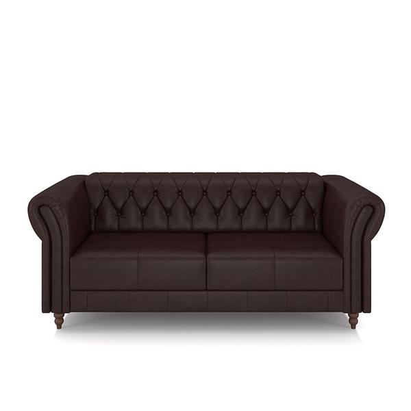 Imagem de Conjunto Sala de Estar 1 Sofá Living 220cm e 1 Poltrona Stanford Chesterfield Pés Madeira Couro Wine Vinho G58 - Gran Belo