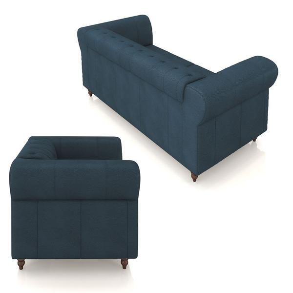 Imagem de Conjunto Sala de Estar 1 Sofá Living 220cm e 2 Poltronas Stanford Chesterfield Pés Madeira Couro Azul Marinho G58 - Gran Belo