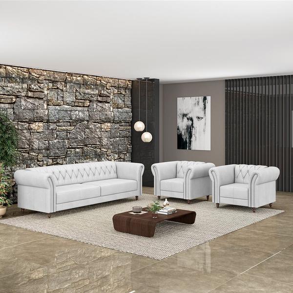 Imagem de Conjunto Sala de Estar 1 Sofá Living 220cm e 2 Poltronas Stanford Chesterfield Pés Madeira Couro Branco G58 - Gran Belo