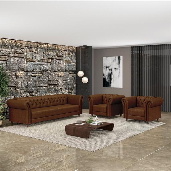 Imagem de Conjunto Sala de Estar 1 Sofá Living 220cm e 2 Poltronas Stanford Chesterfield Pés Madeira Couro Marrom Manchado G58 - Gran Belo