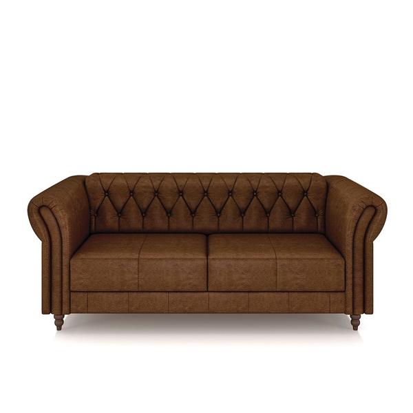 Imagem de Conjunto Sala de Estar 1 Sofá Living 220cm e 2 Poltronas Stanford Chesterfield Pés Madeira Couro Marrom Manchado G58 - Gran Belo