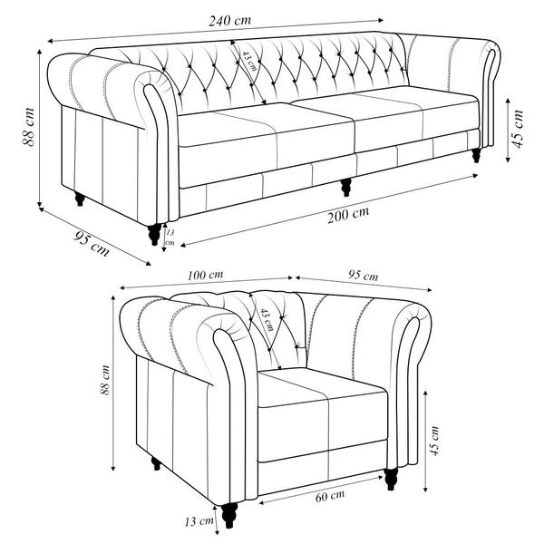 Imagem de Conjunto Sala de Estar 1 Sofá Living 240cm e 1 Poltrona Stanford Chesterfield Pés Madeira Couro Bege Manchado G58 - Gran Belo