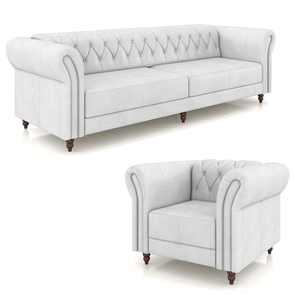 Imagem de Conjunto Sala de Estar 1 Sofá Living 240cm e 1 Poltrona Stanford Chesterfield Pés Madeira Couro Branco G58 - Gran Belo