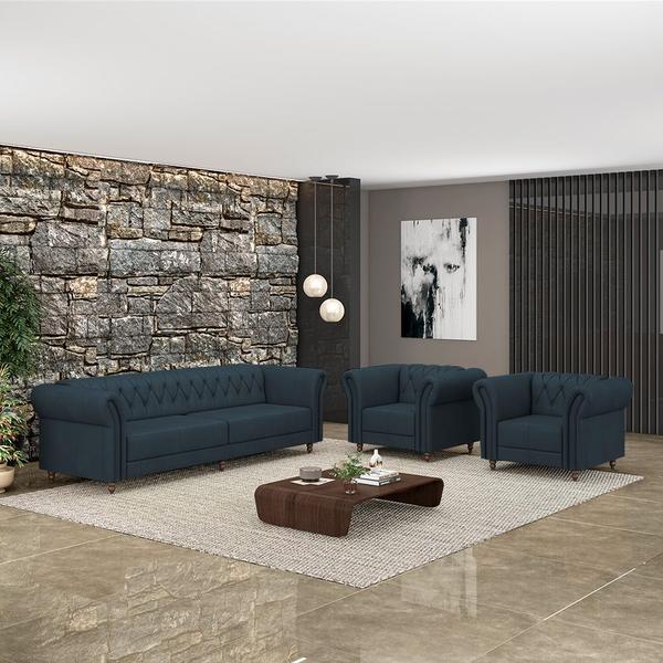 Imagem de Conjunto Sala de Estar 1 Sofá Living 240cm e 2 Poltronas Stanford Chesterfield Pés Madeira Couro Azul Marinho G58 - Gran Belo