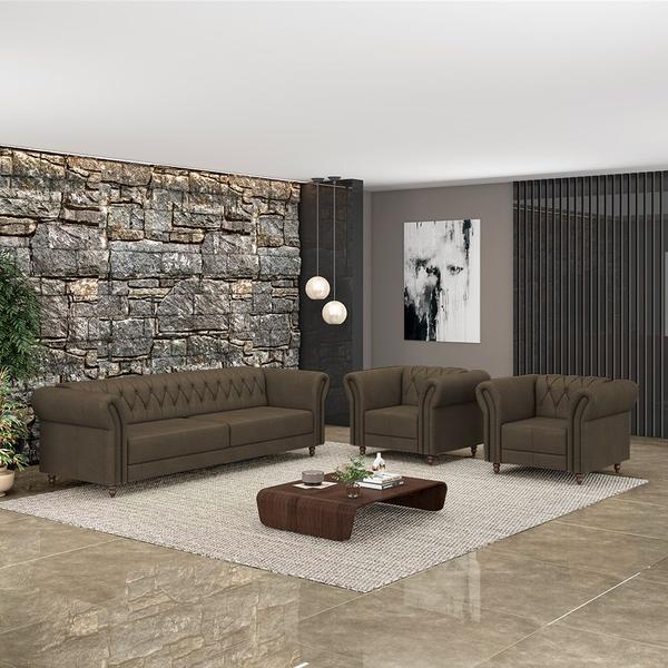 Imagem de Conjunto Sala de Estar 1 Sofá Living 240cm e 2 Poltronas Stanford Chesterfield Pés Madeira Couro Capuccino G58 - Gran Belo