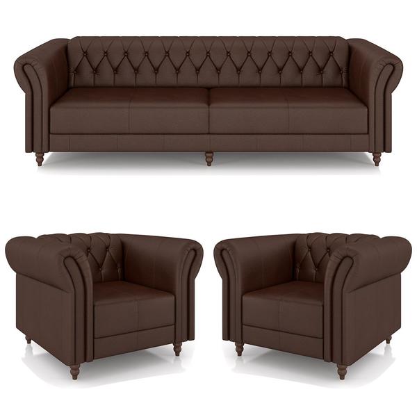 Imagem de Conjunto Sala de Estar 1 Sofá Living 240cm e 2 Poltronas Stanford Chesterfield Pés Madeira Couro Marrom Brilho G58 - Gran Belo