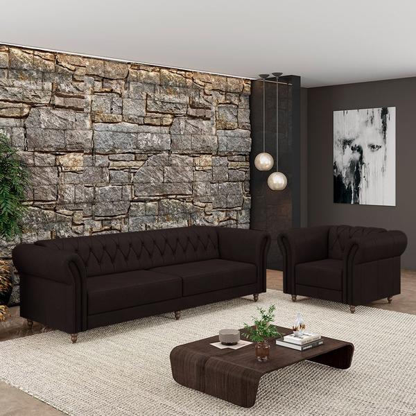 Imagem de Conjunto Sala de Estar 1 Sofá Living 260cm e 1 Poltrona Stanford Chesterfield Pés Madeira Couro Marrom G58 - Gran Belo