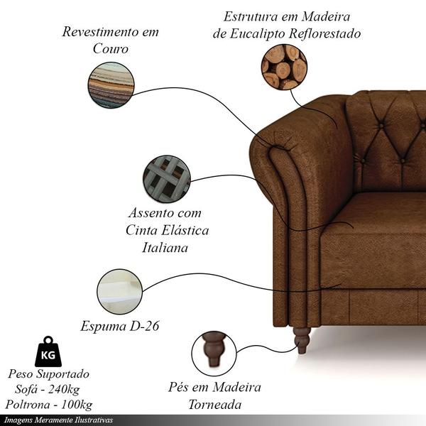 Imagem de Conjunto Sala de Estar 1 Sofá Living 260cm e 1 Poltrona Stanford Chesterfield Pés Madeira Couro Marrom Manchado G58 - Gran Belo