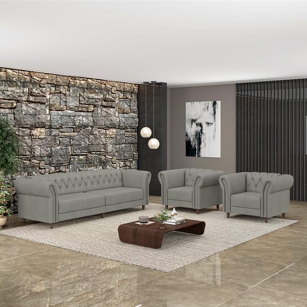 Imagem de Conjunto Sala de Estar 1 Sofá Living 260cm e 2 Poltronas Stanford Chesterfield Pés Madeira Couro Cinza G58 - Gran Belo