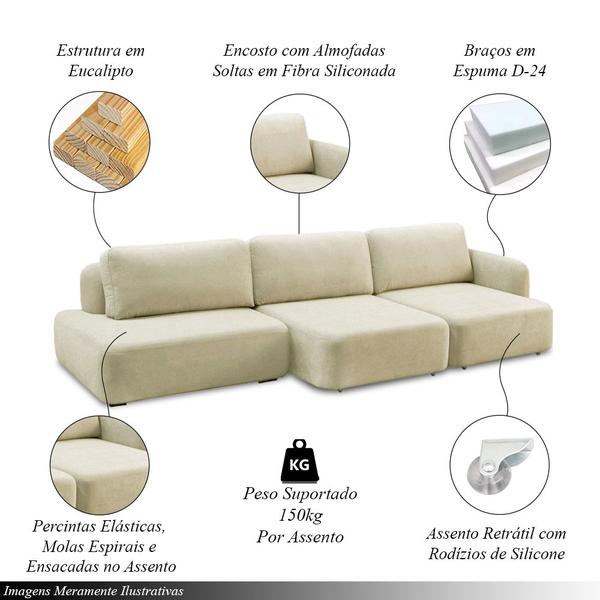 Imagem de Conjunto Sala de Estar 1 Sofá Retrátil Modulado 372cm e 2 Poltronas Santiago Bouclê Off White G89 - Gran Belo