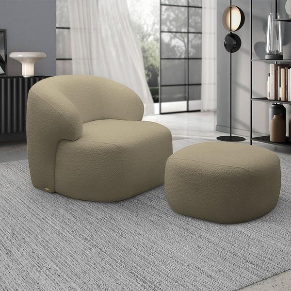 Imagem de Conjunto Sala de Estar Decorativo Charlote 1 Poltrona Namoradeira 150cm 1 Poltrona Base Fixa com Puff Bouclê Nude G88 - Gran Belo