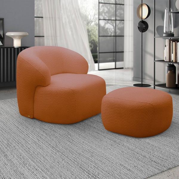 Imagem de Conjunto Sala de Estar Decorativo Charlote 1 Poltrona Namoradeira 150cm 1 Poltrona Base Fixa com Puff Bouclê Terracota G88 - Gran Belo