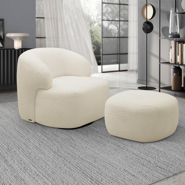 Imagem de Conjunto Sala de Estar Decorativo Charlote 1 Poltrona Namoradeira 150cm 1 Poltrona Base Giratória em Aço com Puff Bouclê Bege G88 - Gran Belo