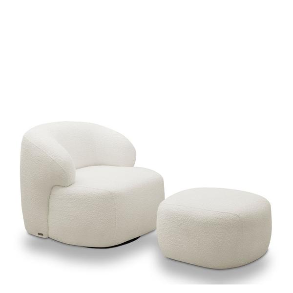 Imagem de Conjunto Sala de Estar Decorativo Charlote 1 Poltrona Namoradeira 150cm 1 Poltrona Base Giratória em Aço com Puff Bouclê Off White G88 - Gran Belo