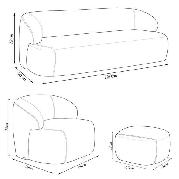 Imagem de Conjunto Sala de Estar Decorativo Charlote 1 Sofá 180cm 2 Lugares 1 Poltrona Base Fixa com Puff Bouclê Marrom G88 - Gran Belo