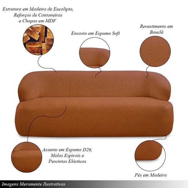 Imagem de Conjunto Sala de Estar Decorativo Charlote 1 Sofá 180cm 2 Lugares 1 Poltrona Base Fixa com Puff Bouclê Terracota G88 - Gran Belo